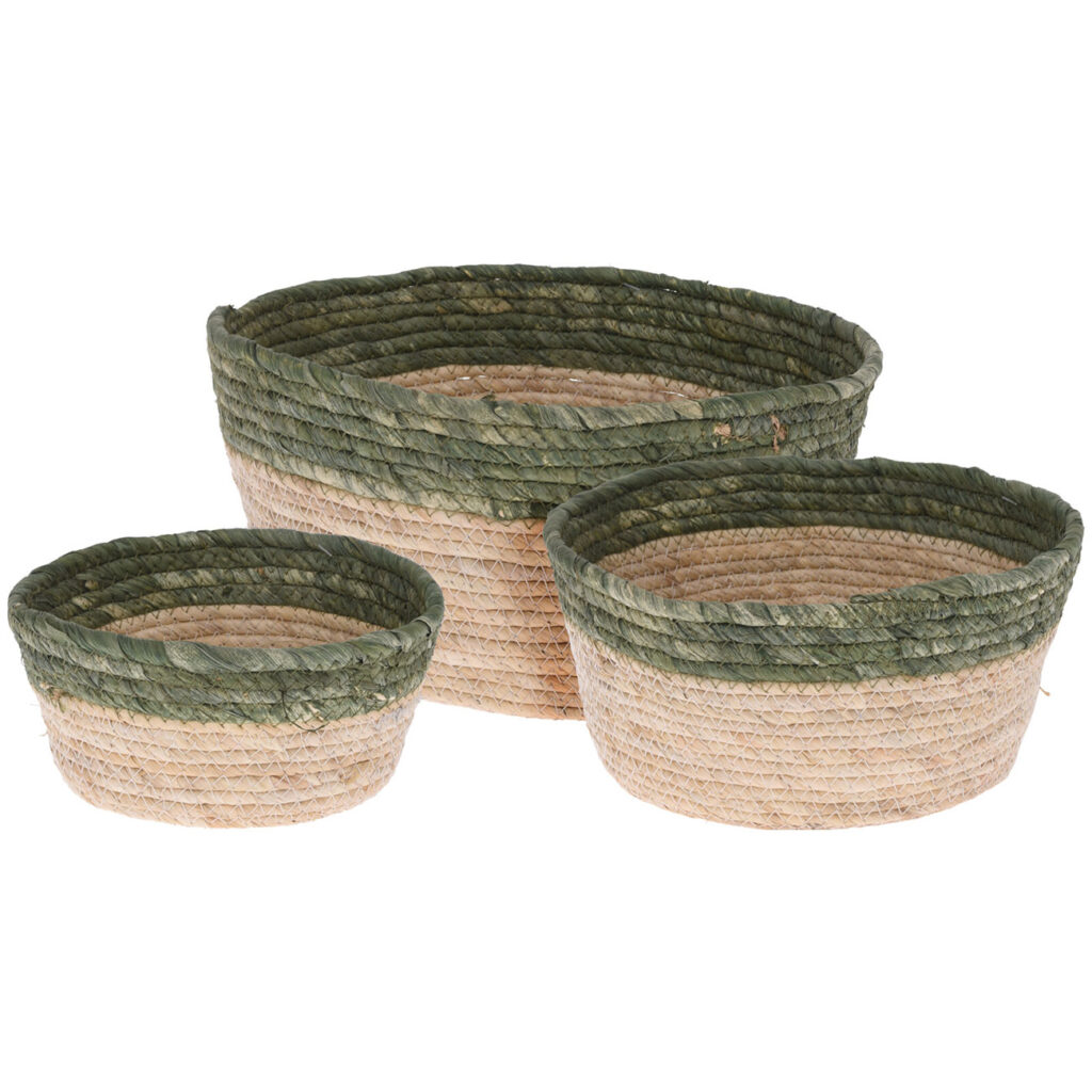 Geflochtene Aufbewahrungskörbe, 3 Grössen, rund, beige-grün