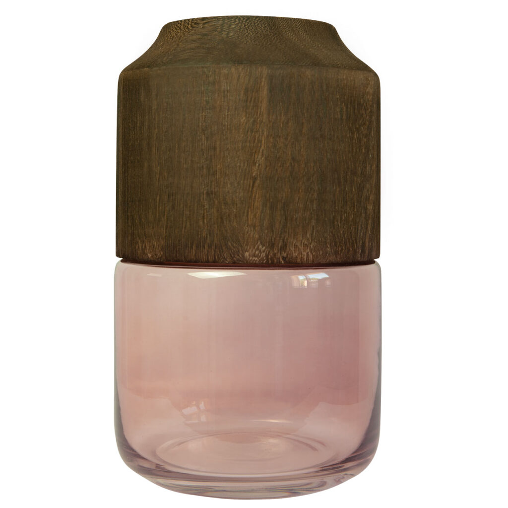 Vase aus Glas und Blauglockenbaum-Holz, edle Blumenvase, transparent, braun, 17 x 28 cm