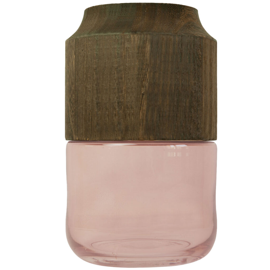 Vase aus Glas und Blauglockenbaum-Holz, edle Blumenvase, transparent, braun, 14 x 23 cm