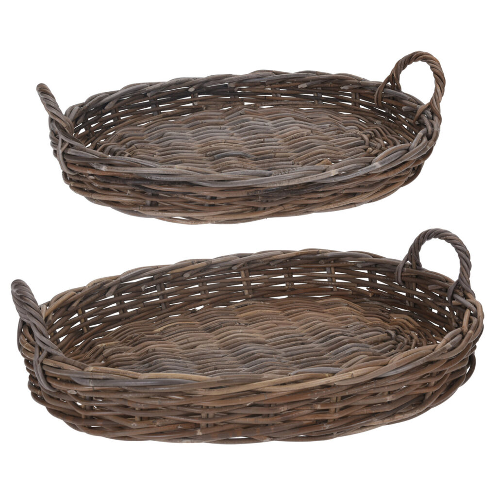 Servierkörbe im 2er Set, Braun, Dekotablett aus Rattan, Oval