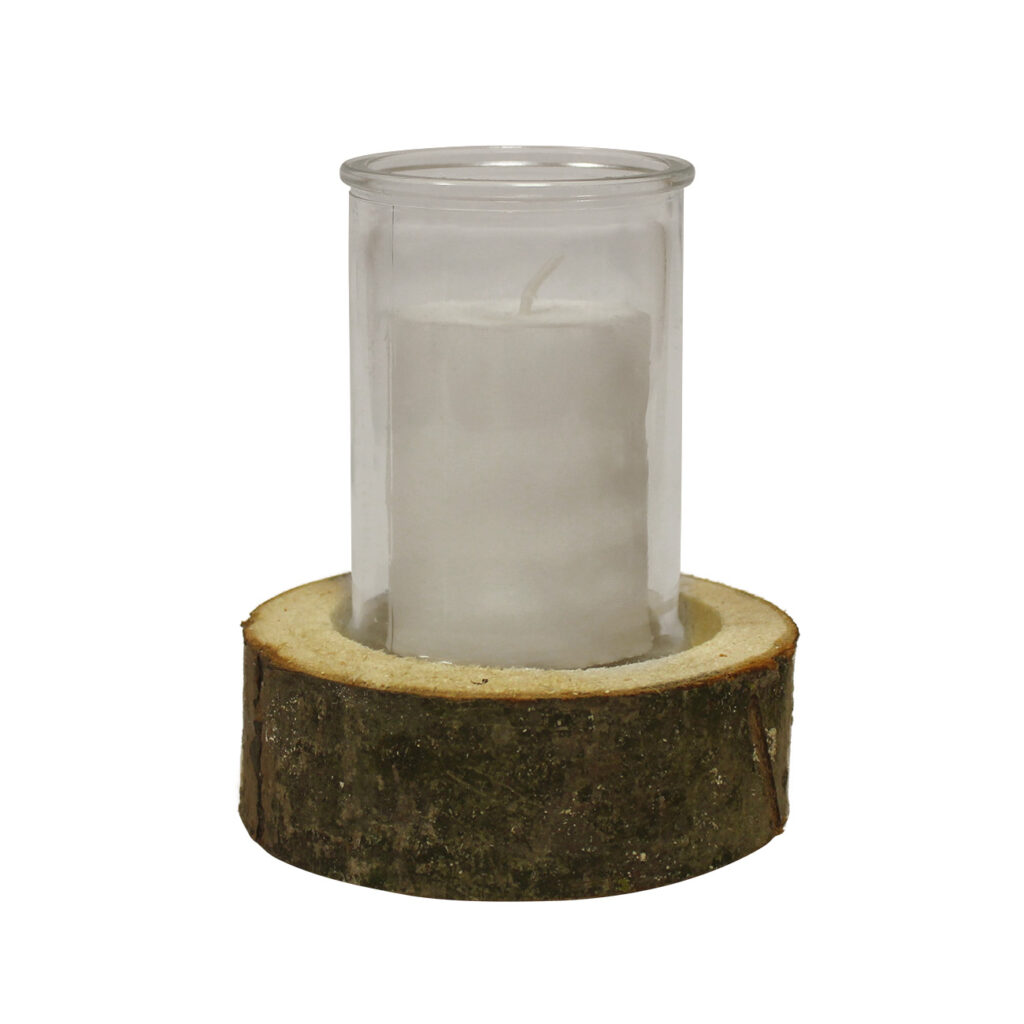 Kerzenglas auf Holzsockel, Windlicht Natur, weiss, braun, Ø 8 x 11 cm, Ø 12 x 4 cm