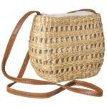 Umhängetasche aus Wasserhyazinthe, Tasche mit Lederriemen, braun, beige, 18 x 10 x 15 cm