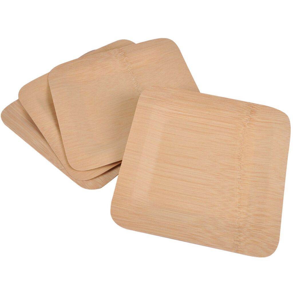 Bambus Einwegteller 4er-Set, quadratisch, flach, 23 cm