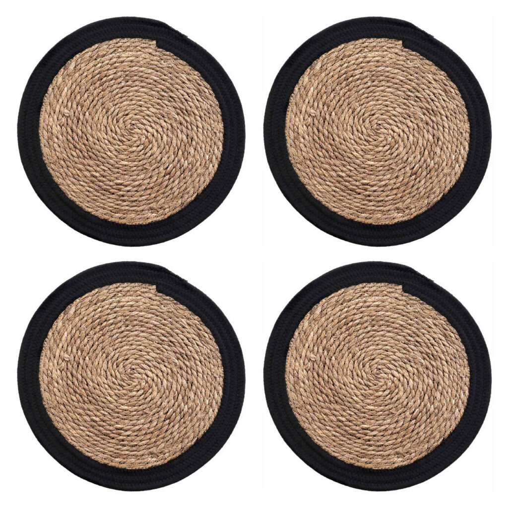 4er Tischsets aus Stroh-Geflecct, Platzdeckchen mit Baumwolle, braun, schwarz, Ø 38