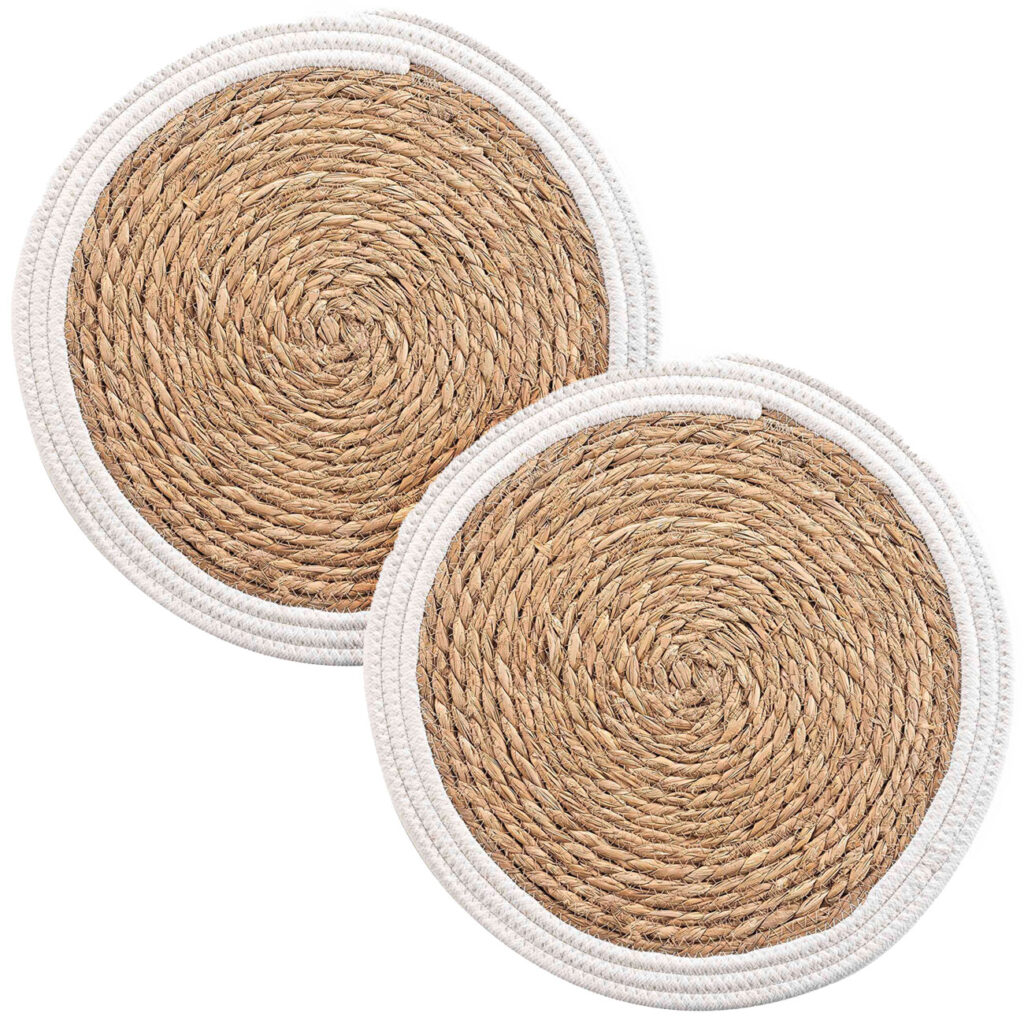 2er Tischsets aus Stroh-Geflecht, Platzdeckchen mit Baumwolle, braun, weiss, Ø 38