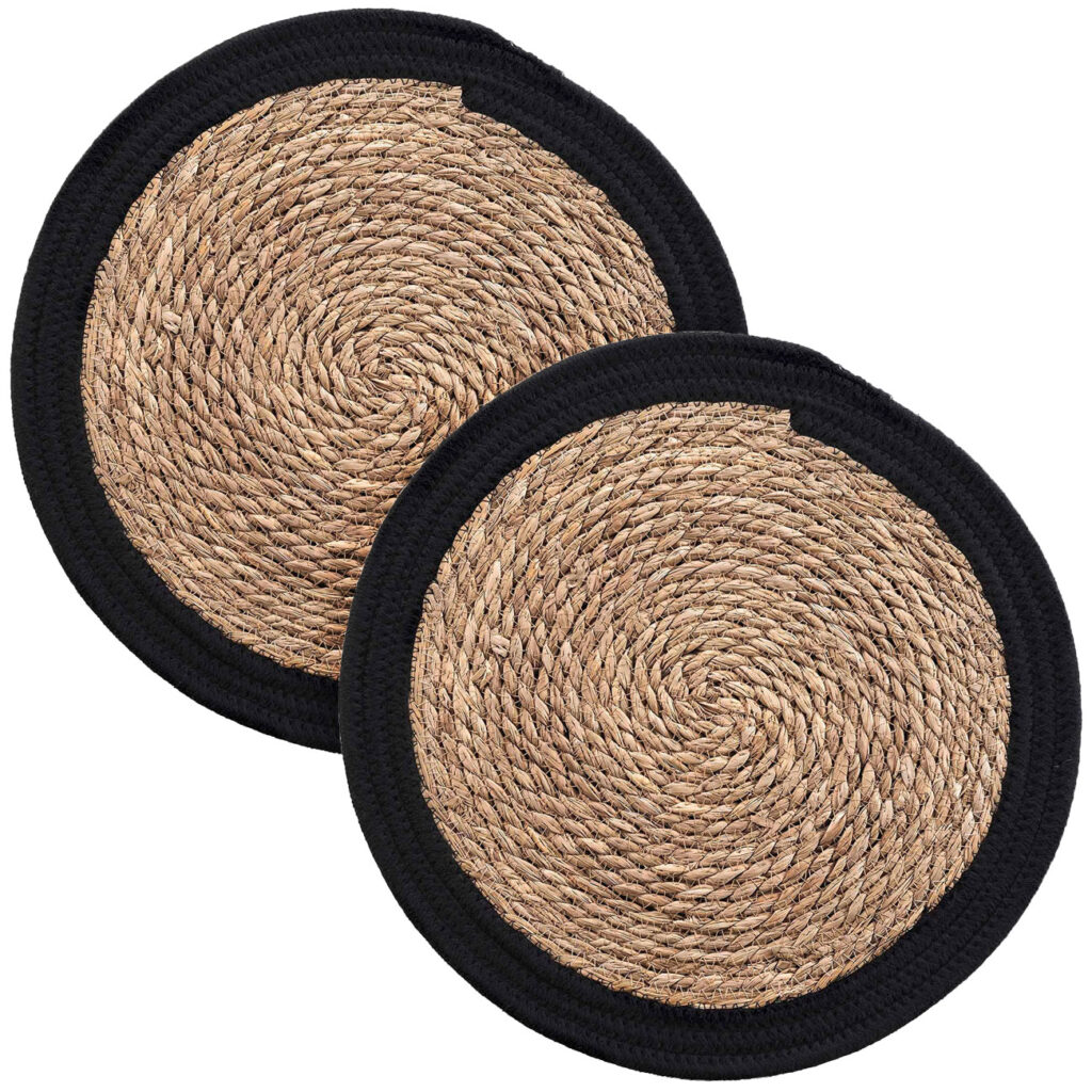 2er Tischsets aus Stroh-Geflecht, Platzdeckchen mit Baumwolle, braun, schwarz, Ø 38