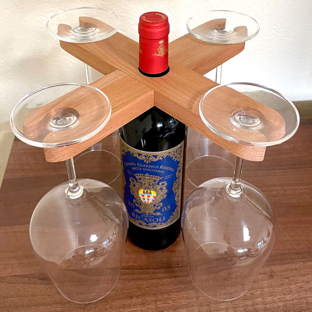 Weinglashalter aus Holz mit Flaschen-Halterung für 4 Gläser