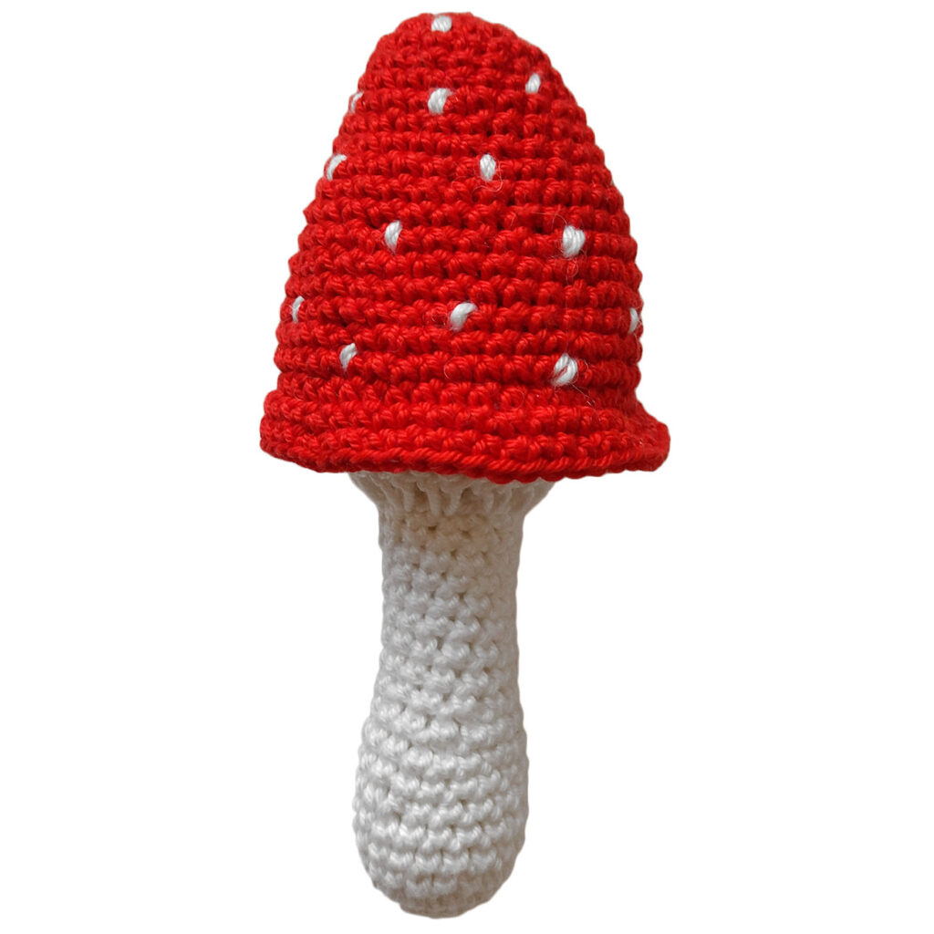 Häkelpilz, Dekopilz, schmaler Pilzhut, weiss-rot, handgemacht, L 9 cm