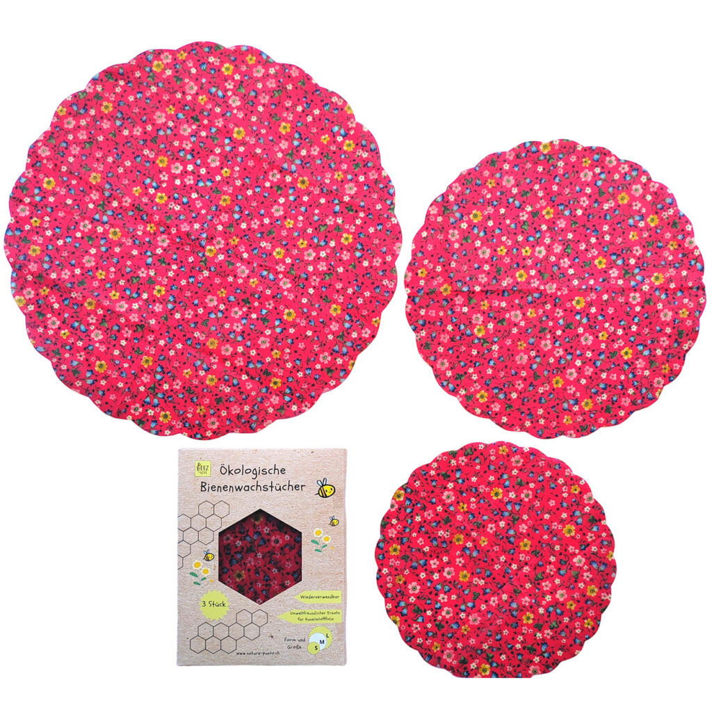 Bienenwachstücher , 3 Stück, runde Form, rote Blumen Design