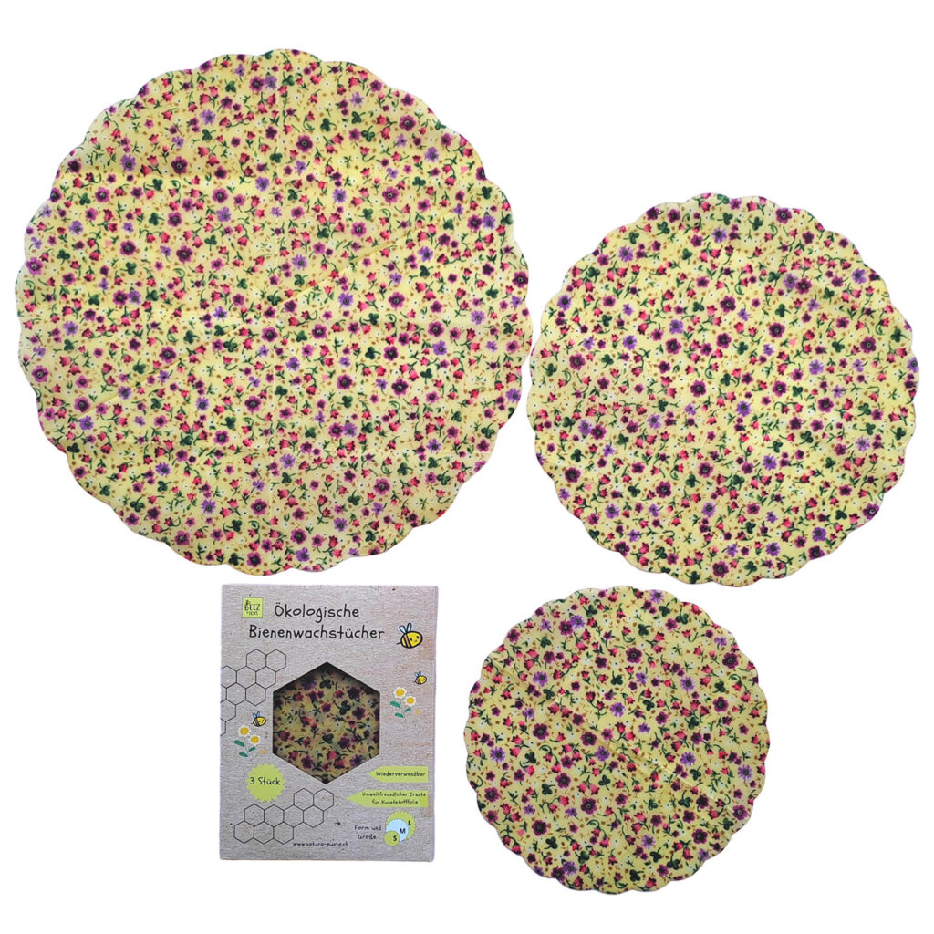 Bienenwachstücher, 3 Stück, runde Form, gelbes Blumen-Design