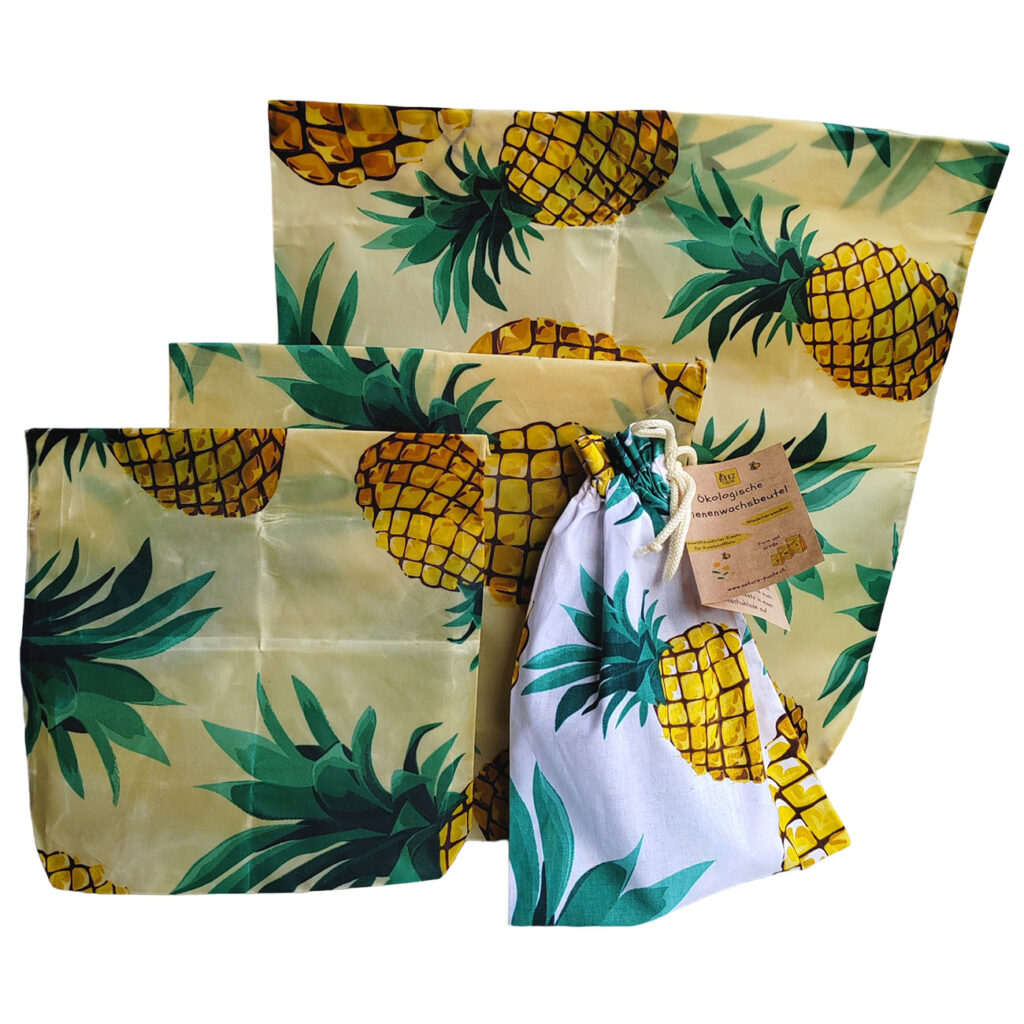 Bienenwachsbeutel, 3 Stück, eckige Form, gelbes Ananas-Design