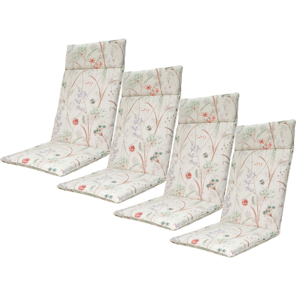 4er-Set Hochlehner-Auflage, Gartenstuhlkissen wasserabweisend, Blumenmuster weiss 120x50cm