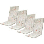 4er-Set Hochlehner-Auflage, Gartenstuhlkissen wasserabweisend, Blumenmuster weiss 120x50cm