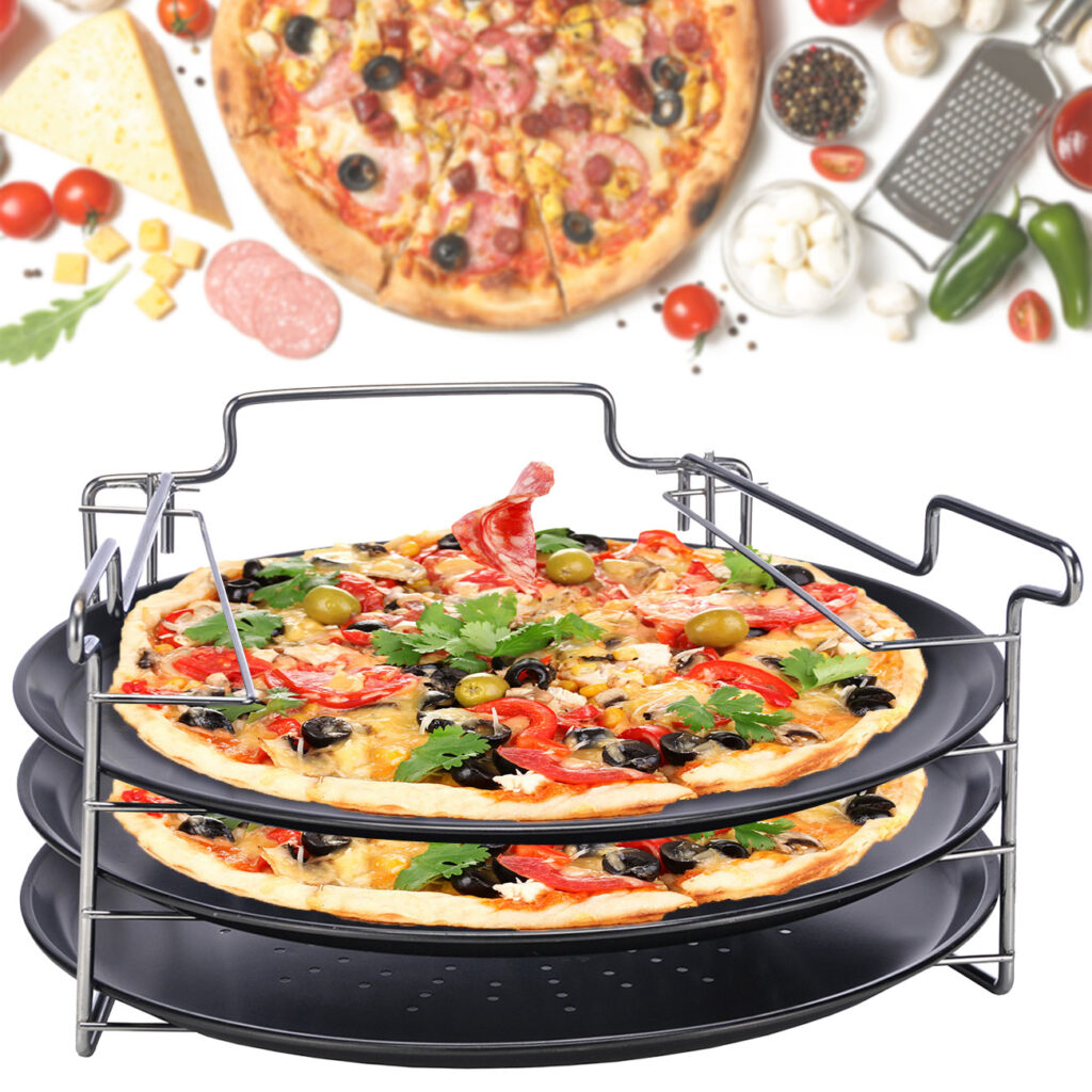 4er-Set Pizza Backblech, 3 Pizzaformen mit Backofen-Aufsteller, 31 x 15,8 cm