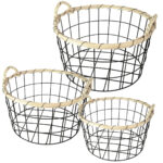 Drahtkörbe mit Bambusrand, 3er-Set, Ø 35, 30 und 26 cm