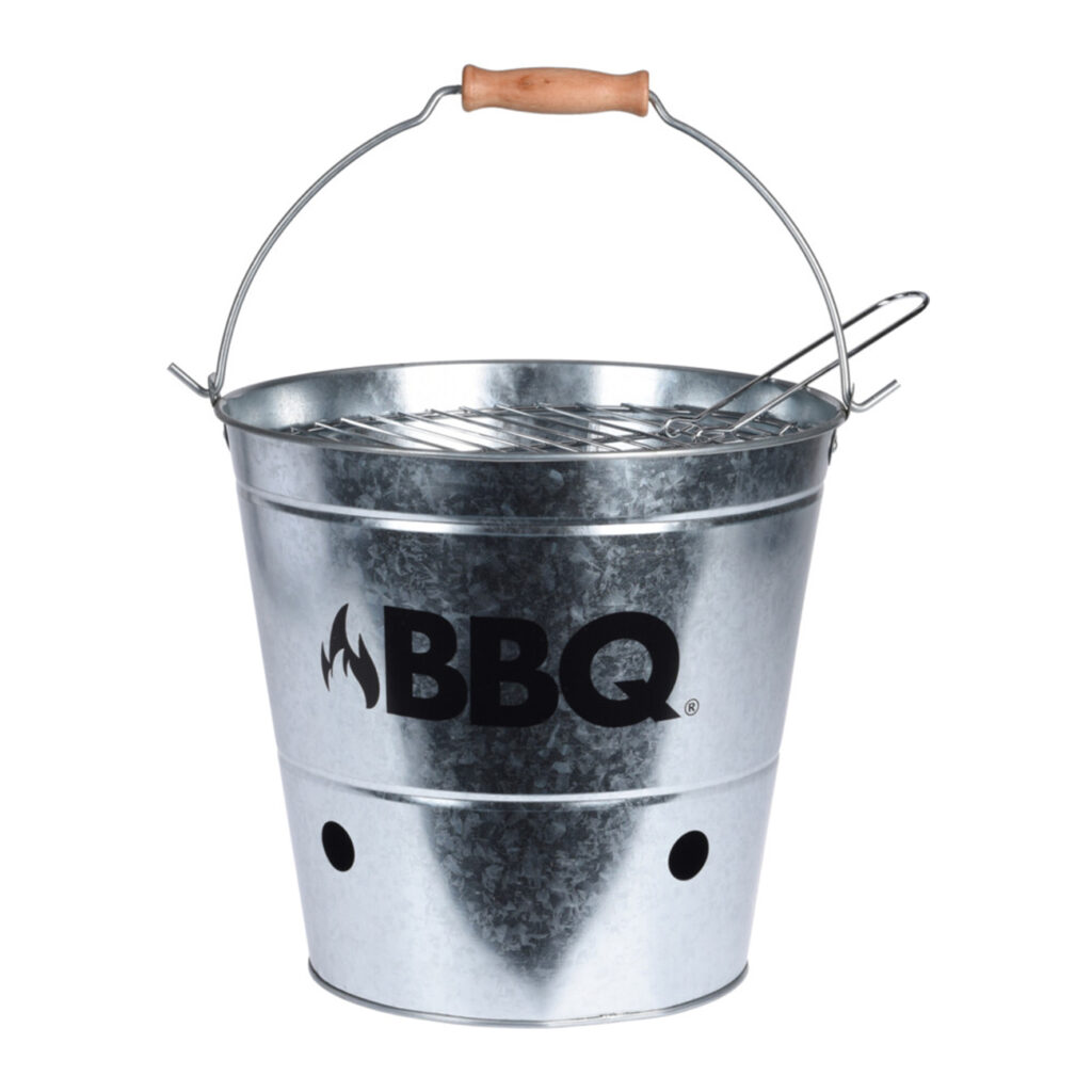 Grilleimer aus Zink mit Aufdruck, Campinggrill mit Henkel, silber, schwarz, 26,5 x 25 cm