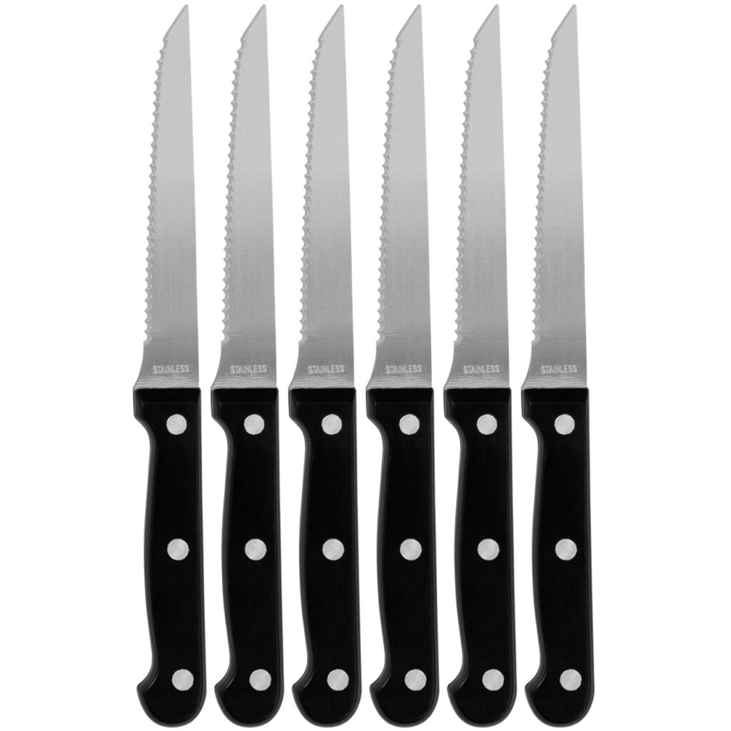 Steakmesser 6er-Set aus Edelstahl, Grillmesser mit gezackten Klingen, Länge 21 cm