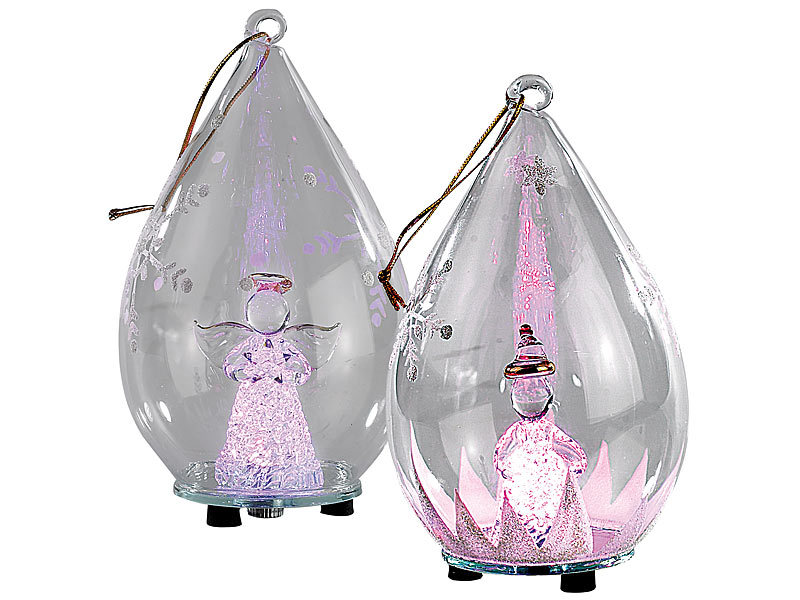 Mundgeblasene LED-Glas-Ornamente in Tropfenform, 2er-Set