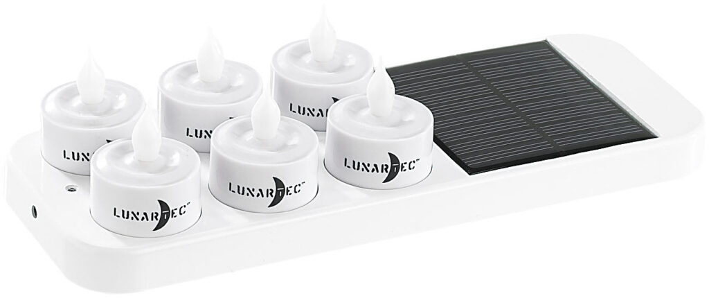 6 LED-Akku-Teelichter mit Dekogläsern & Solar-Ladestation