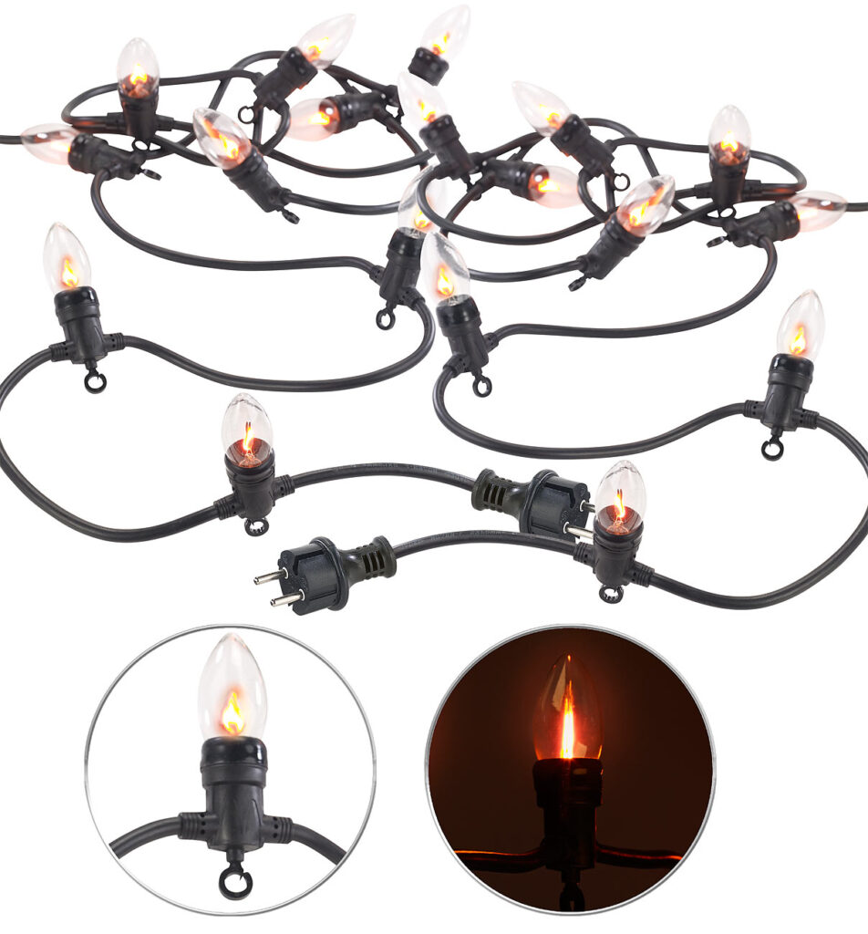 2er-Set Deko-Lichterketten, 10 Glühbirnen in Flammen-Optik, IP44, 4,2m