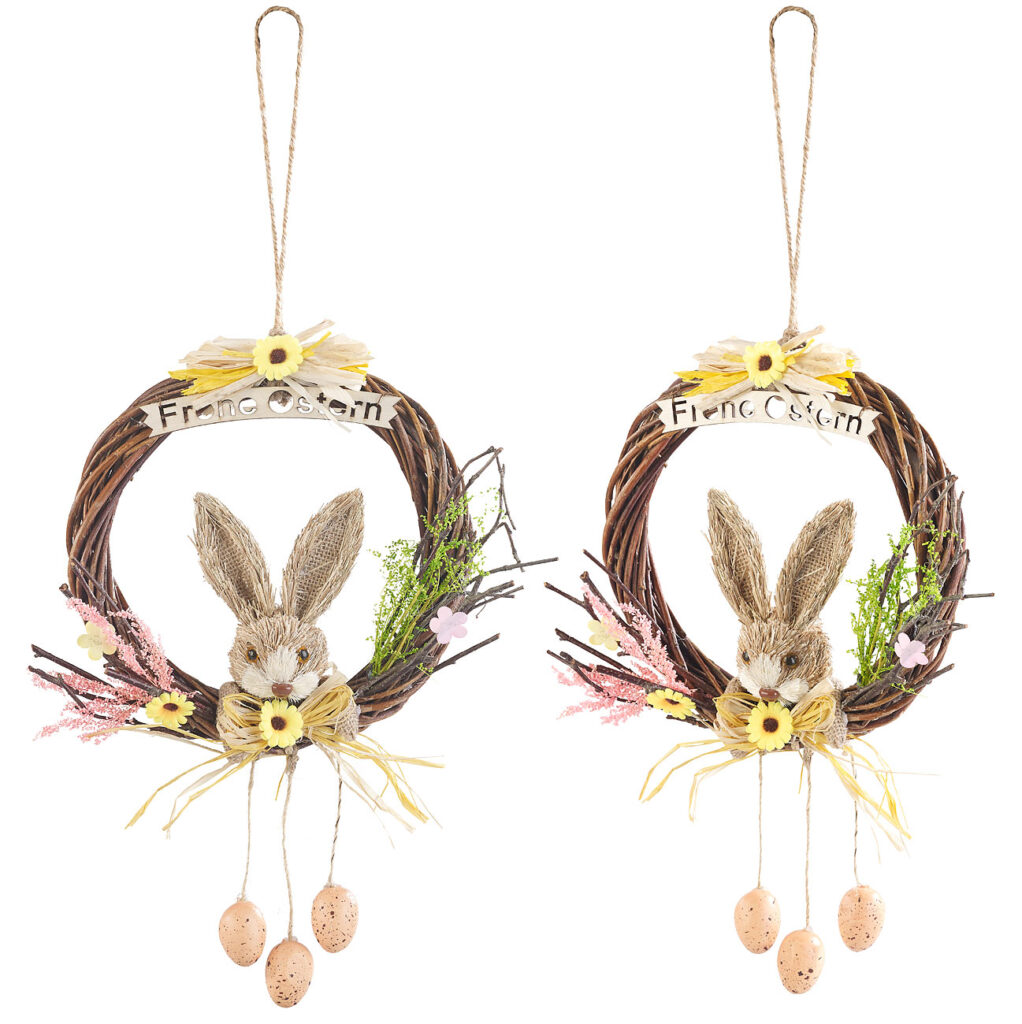 2er-Set Weidenkränze zum Aufhängen, mit Schriftzug „Frohe Ostern“