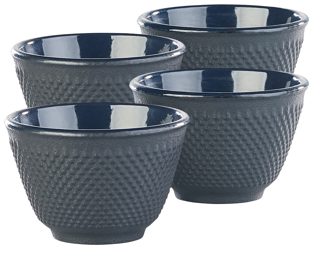 4er-Set asiatische Teebecher aus Gusseisen und Emaille, schwarz