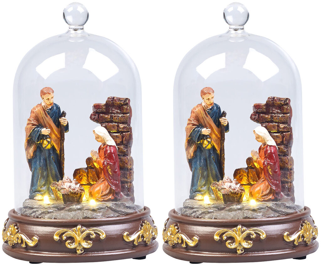 2er-Set Weihnachtskrippen mit Glasglocke, LED-Beleuchtung, handbemalt