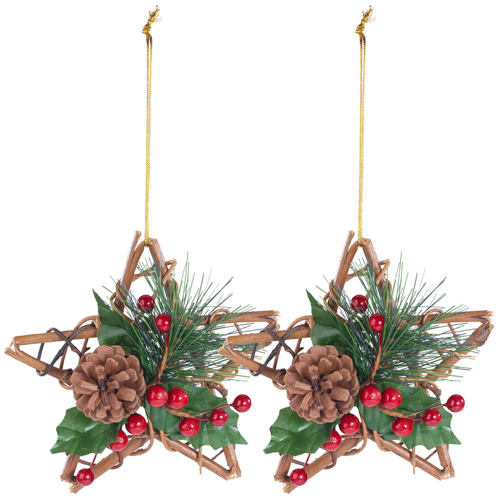 2er-Set Handgefertigter Rattan-Dekosterne mit echten Tannenzapfen