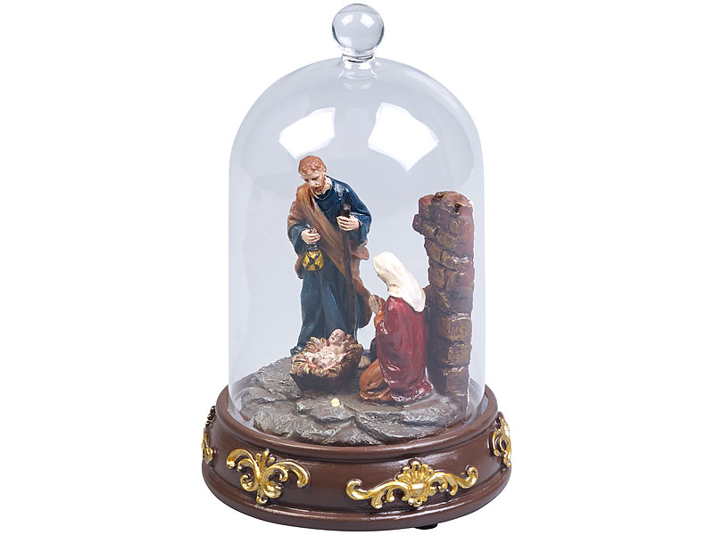 Weihnachtskrippe mit Glasglocke und LED-Beleuchtung, handbemalt