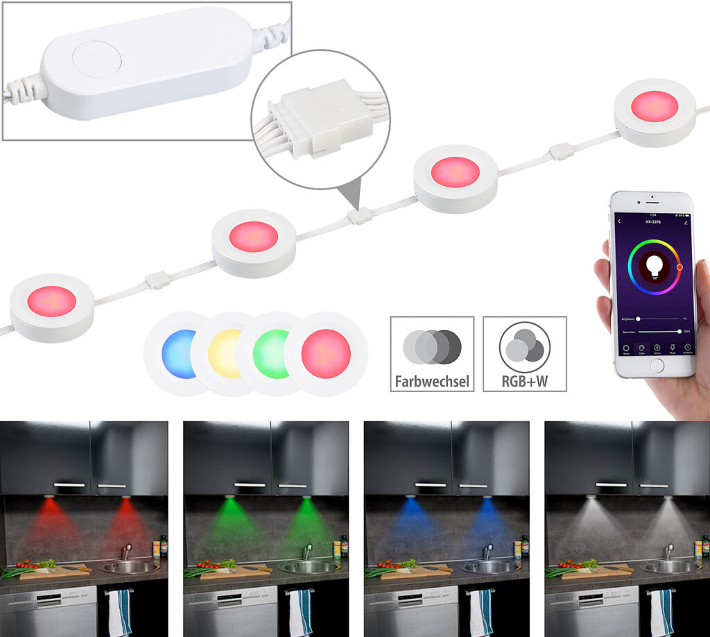 4er-Set Erweiterungs-Leuchten RGB+W für LED-Unterbau-Leuchten ULA-100