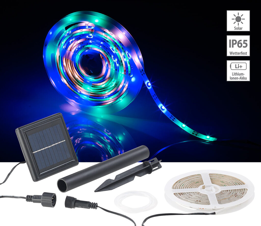 Solar-LED-Streifen, 90 LEDs in Pink, Grün & Blau, 3 m, wetterfest IP65