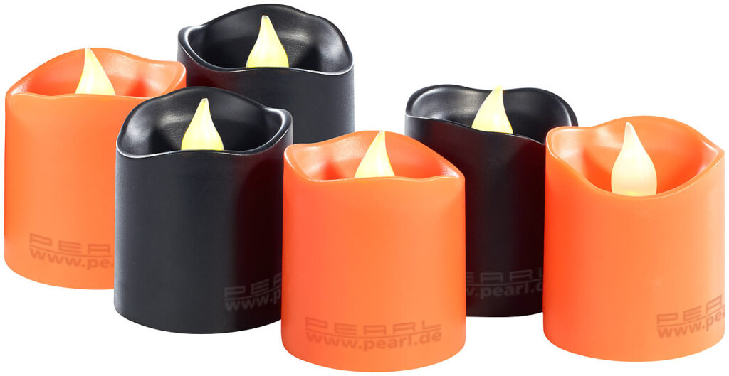 6er-Set Halloween-LED-Teelichter, bewegliche Flamme, orange & schwarz