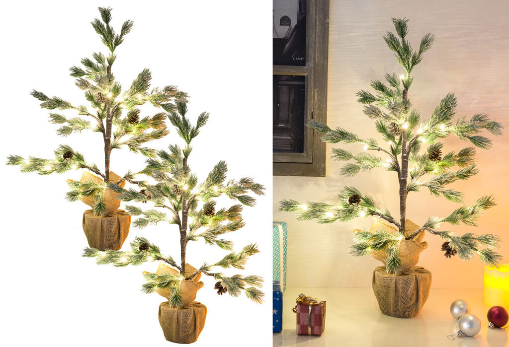 2er-Set Deko-Nadelbäumchen imTopf, 24 LEDs, Kunstschnee, Zapfen, 70cm