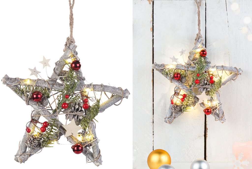 Deko-LED-Stern aus Nussholz mit echten Pinienzapfen, handgefertigt