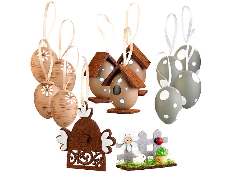 13-teiliges Oster-Deko-Set zum Aufhängen, in Aufbewahrungsbox aus Holz