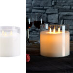 LED-Echtwachs-Kerze im Windglas mit 3 beweglichen Flammen, weiss