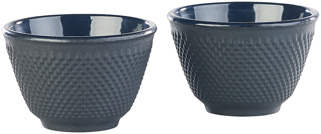 2er-Set asiatische Teebecher aus Gusseisen und Emaille, schwarz