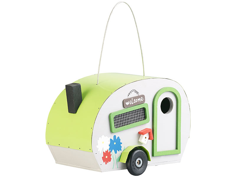 Nistkasten in Wohnwagen-Optik aus Holz mit Metalldach, mit Verzierung