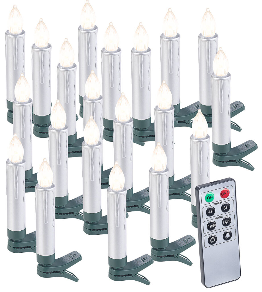 20er-Set LED-Weihnachtsbaumkerzen mit Fernbedienung und Timer, Silber