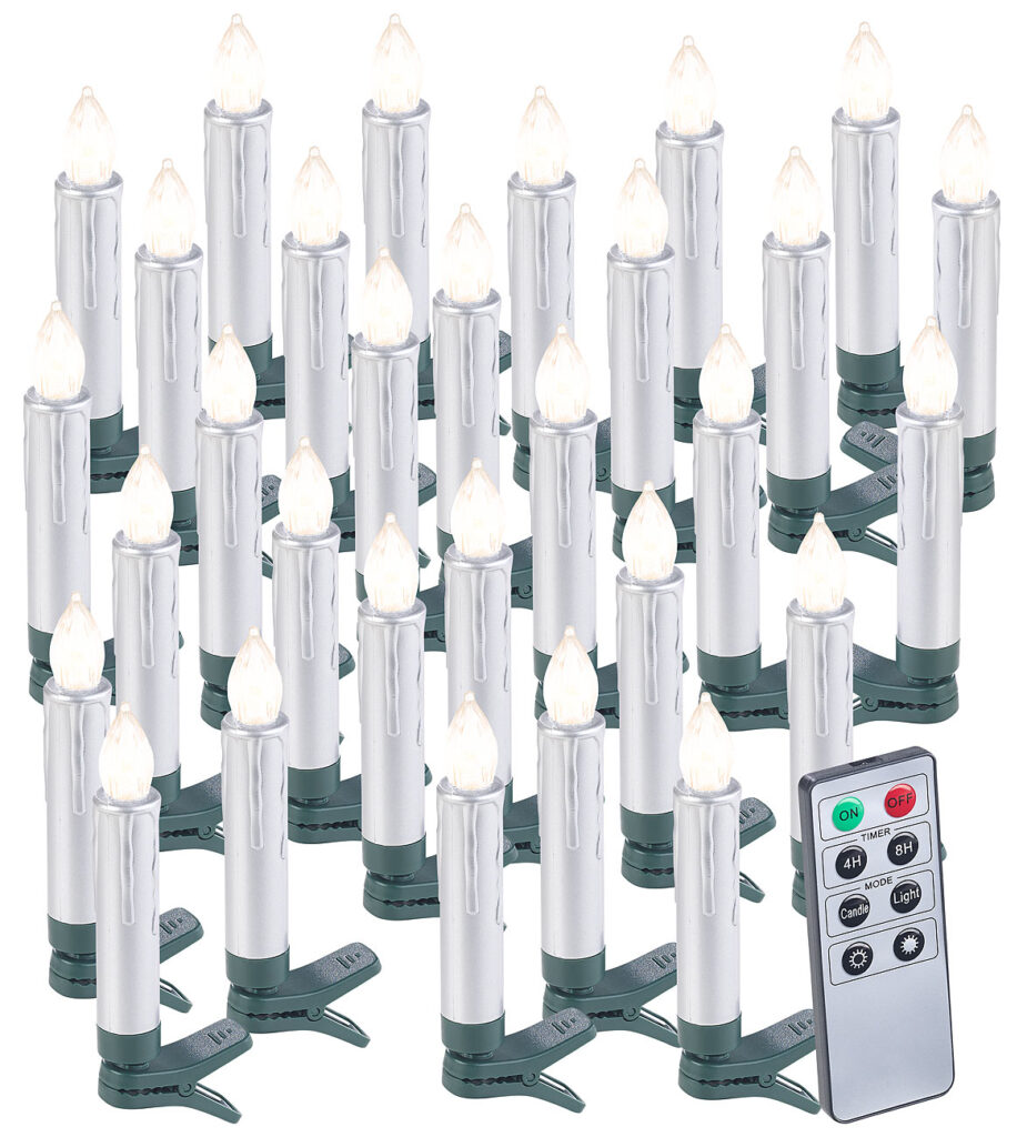 30er-Set LED-Weihnachtsbaumkerzen mit Fernbedienung und Timer, Silber