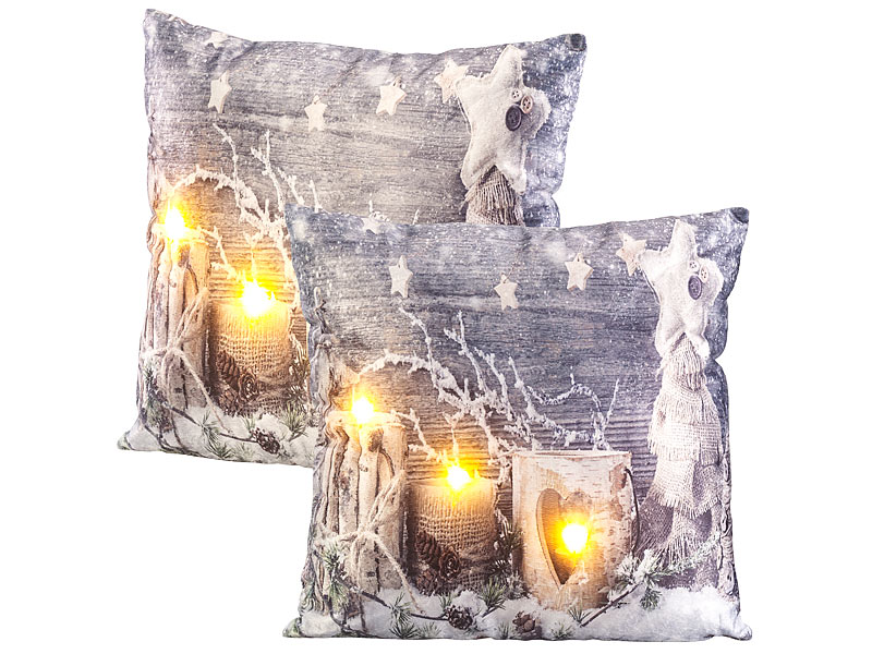 2er-Set Deko-Kissen mit Wintermotiv, 3 LEDs, Batteriebetrieb, 45×45 cm