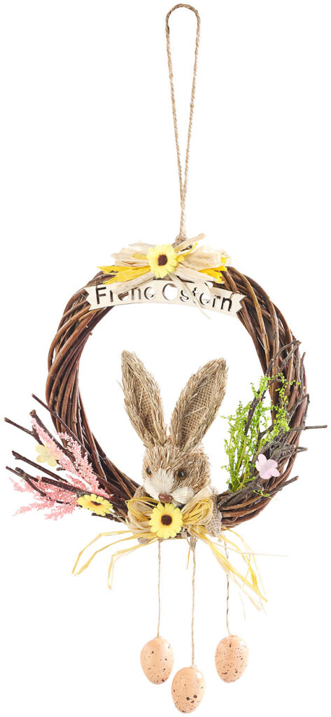 Weidenkranz zum Aufhängen, mit Schriftzug „Frohe Ostern“ und Osterdeko