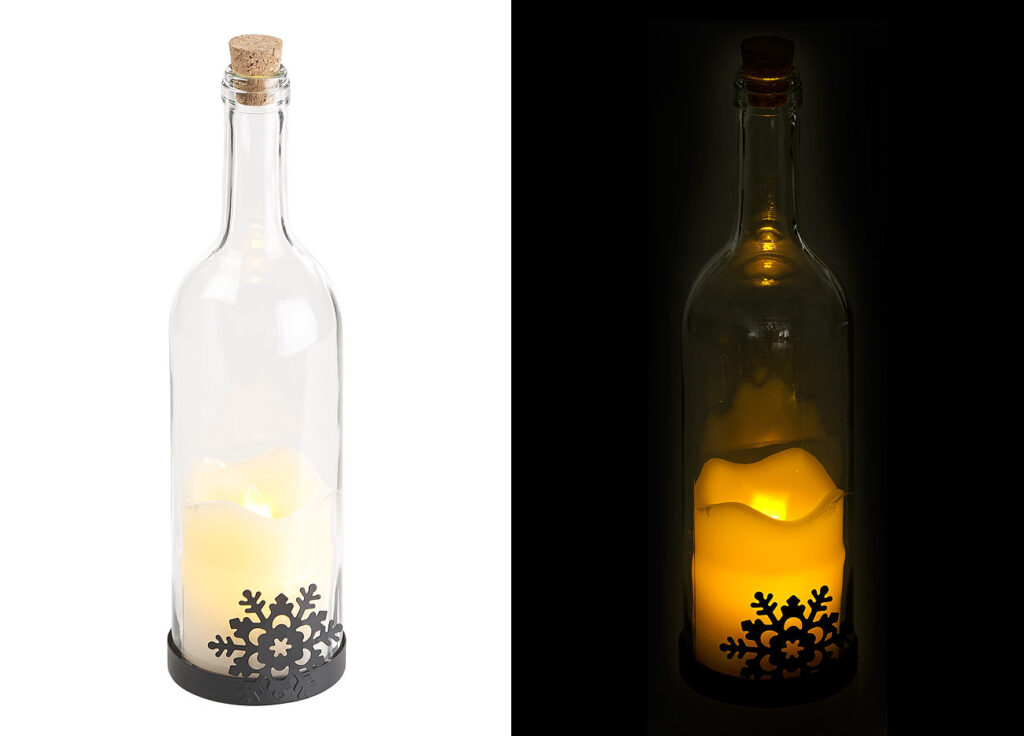 Deko-Glasflasche mit LED-Kerze, bewegliche Flamme, Schneeflocken-Motiv