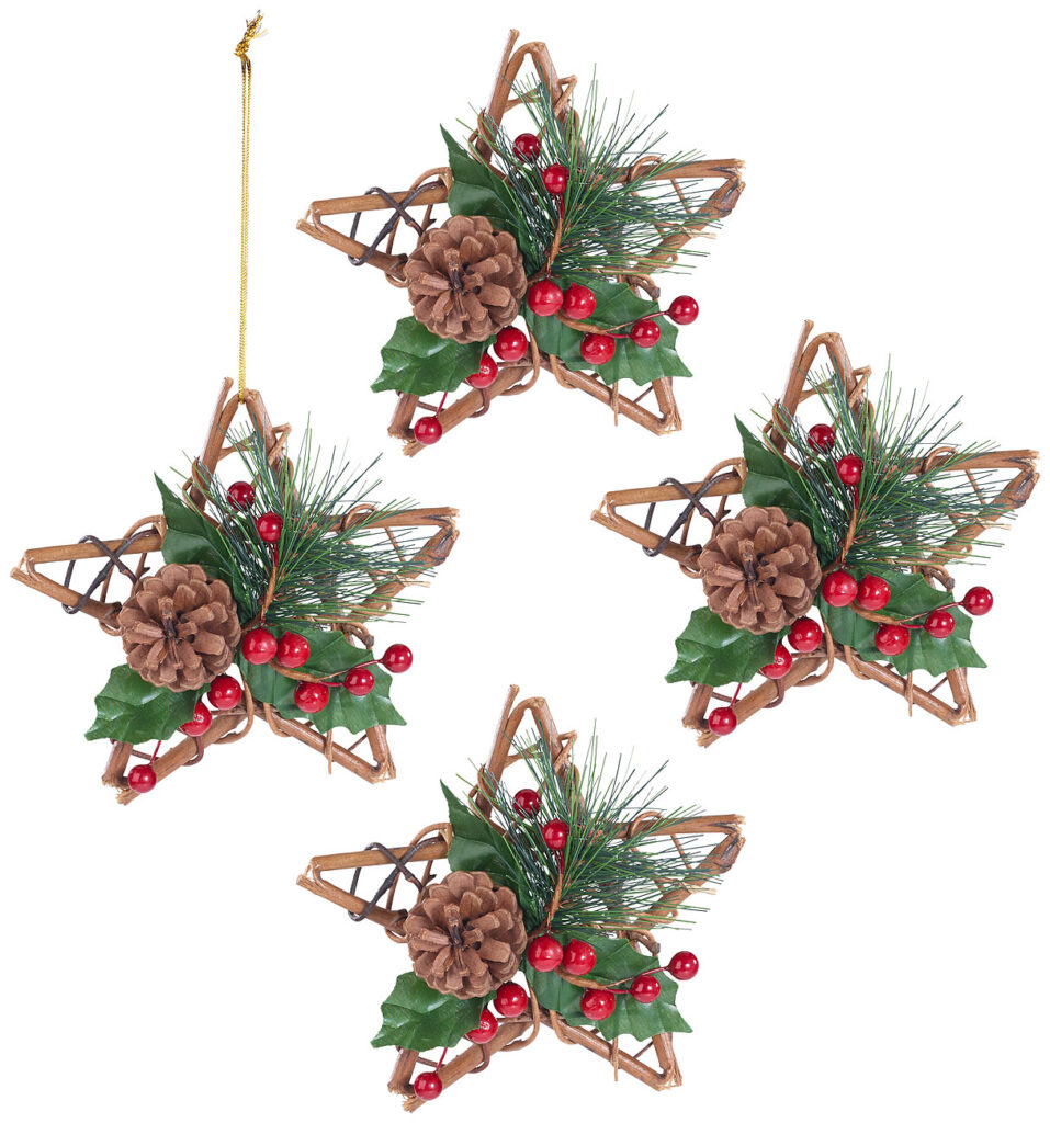 4er-Set Rattan-Dekostern mit Tannenzapfen, handgefertigt, Ø 15cm