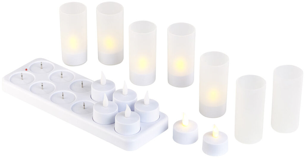 12er-Set Akku-LED-Teelichter mit Kunststoff-Dekogläsern & Ladestation