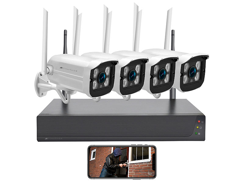 Funk-Überwachungssystem mit IP-HDD-Rekorder & 4 Kameras, 2K + und App Funk-Überwachungssystem mit IP-HDD-Rekorder & 4 Kameras, 2K + und App