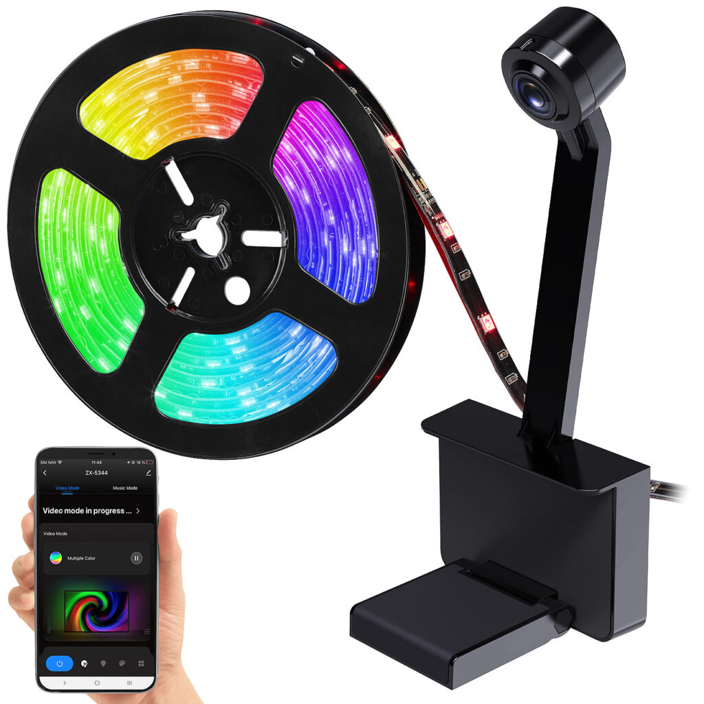 TV-Hintergrundbeleuchtung mit Kamera, RGB-IC-LEDs, WLAN, App, 55-65″