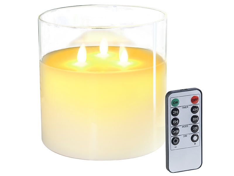 LED-Echtwachs-Kerze im Windglas mit 3 beweglichen Flammen, Fernbedienung