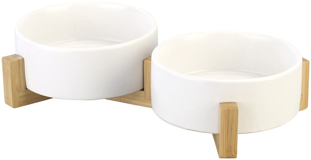 Doppel-Futter- & Trinknapf aus Keramik mit Bambus-Ständer, je 400 ml
