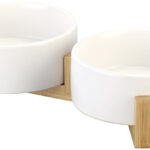 Doppel-Futter- & Trinknapf aus Keramik mit Bambus-Ständer, je 400 ml Doppel-Futter- & Trinknapf aus Keramik mit Bambus-Ständer, je 400 ml